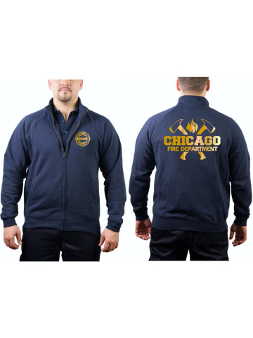 CHICAGO FIRE Dept. Sweat jacket navy, with axes and Standard-Emblem, gold Edition