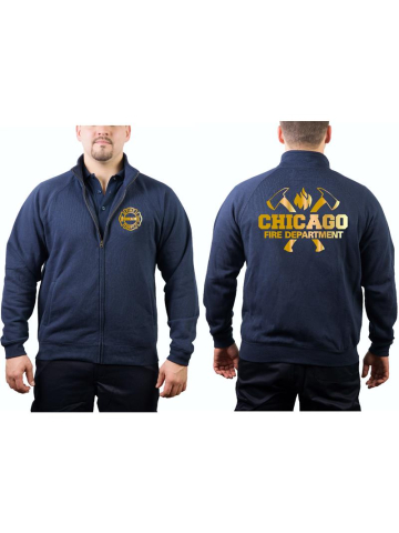 CHICAGO FIRE Dept. Chaqueta de sudor azul marino, con ejes y Standard-Emblem, gold Edition