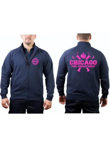 CHICAGO FIRE Dept. Sweat jacket navy, with axes and Standard-Emblem, pink Edition