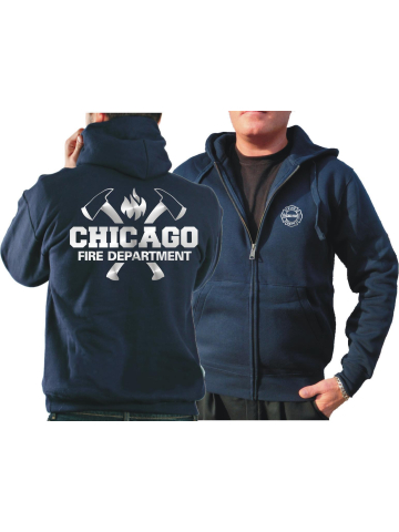 CHICAGO FIRE Dept. Chaqueta con capucha azul marino, con ejes y Standard-Emblem, plata Edition