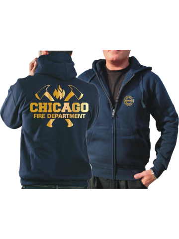 CHICAGO FIRE Dept. Hooded jacket navy, with axes and Standard-Emblem, gold