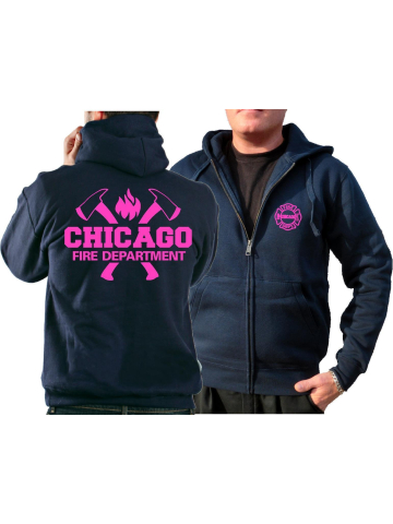 CHICAGO FIRE Dept. Hooded jacket navy, with axes and Standard-Emblem, pink Edition