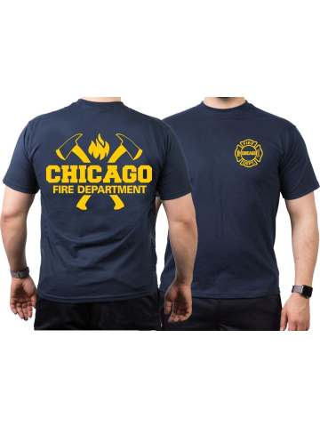 CHICAGO FIRE Dept. axes and flames in yellow, navy T-Shirt