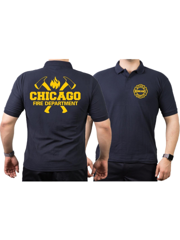 CHICAGO FIRE Dept. axes and flames dans yellow, marin Polo