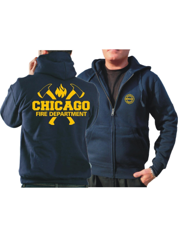 CHICAGO FIRE Dept. Chaqueta con capucha azul marino, con ejes y Standard-Emblem en amarillo