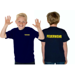 Kinder-T-Shirt blu navy, FEUERWEHR font "A" beidseitig nel neongiallo