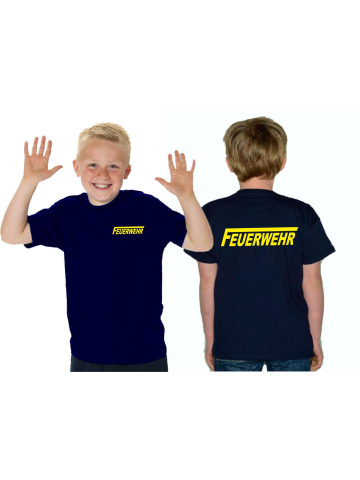 Kinder-T-Shirt navy, FEUERWEHR mit langem "F" beidseitig in neongelb