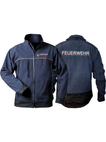 Chaqueta WorkSoftshell azul marino, BaWü Stauferlöwe con ponga su nombre, FEUERWEHR plata con rojo banda hinten