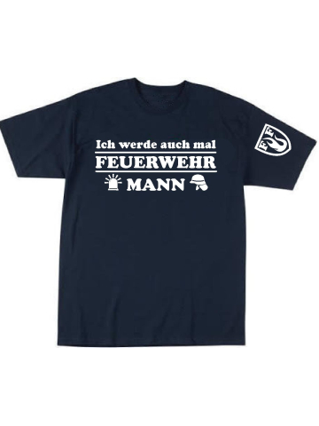 Kinder-T-Shirt blu navy, "Ich werde auch mal FEUERWEHR MANN" auf Brust, FF-Wappen auf manica, nel bianco