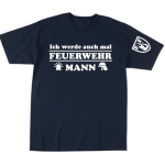 Kinder-T-Shirt blu navy, "Ich werde auch mal FEUERWEHR MANN" auf Brust, FF-Wappen auf manica, nel bianco