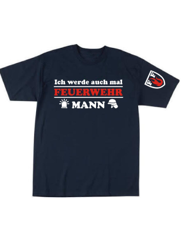 Kinder-T-Shirt blu navy, "Ich werde auch mal FEUERWEHR MANN" auf Brust, FF-Wappen auf manica, nel bianco e rosso