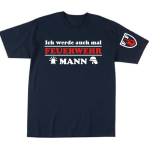 Kinder-T-Shirt blu navy, "Ich werde auch mal FEUERWEHR MANN" auf Brust, FF-Wappen auf manica, nel bianco e rosso