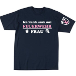 Kinder-T-Shirt navy, "Ich werde auch mal FEUERWEHR FRAU" auf Brust, FF-Wappen auf sleeve, in white and rosa