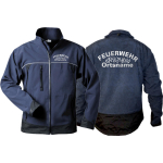 WorkSoftshelljacket navy, font "MF"(Flames in the middle) with place-name