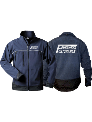 Giacca WorkSoftshell blu navy, font "FW2" con nome del luogo argento-riflettente