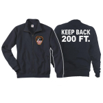 Chaqueta de sudor azul marino, "KEEP BACK 200 FT." con Emblem NYC Fire Dept.